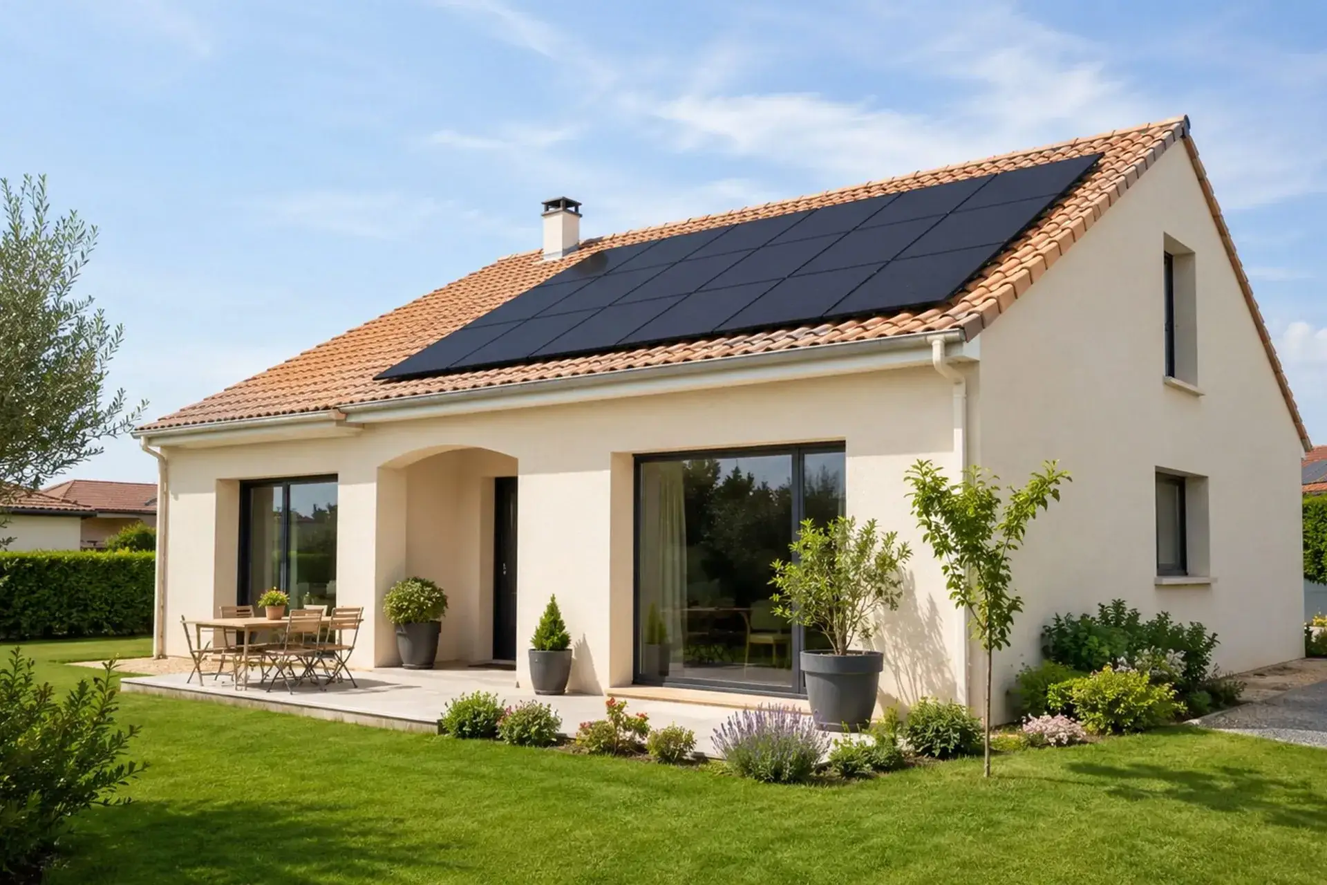 Maison rénovée avec pompe à chaleur et panneaux solaires — rénovation énergétique BH ENERGY