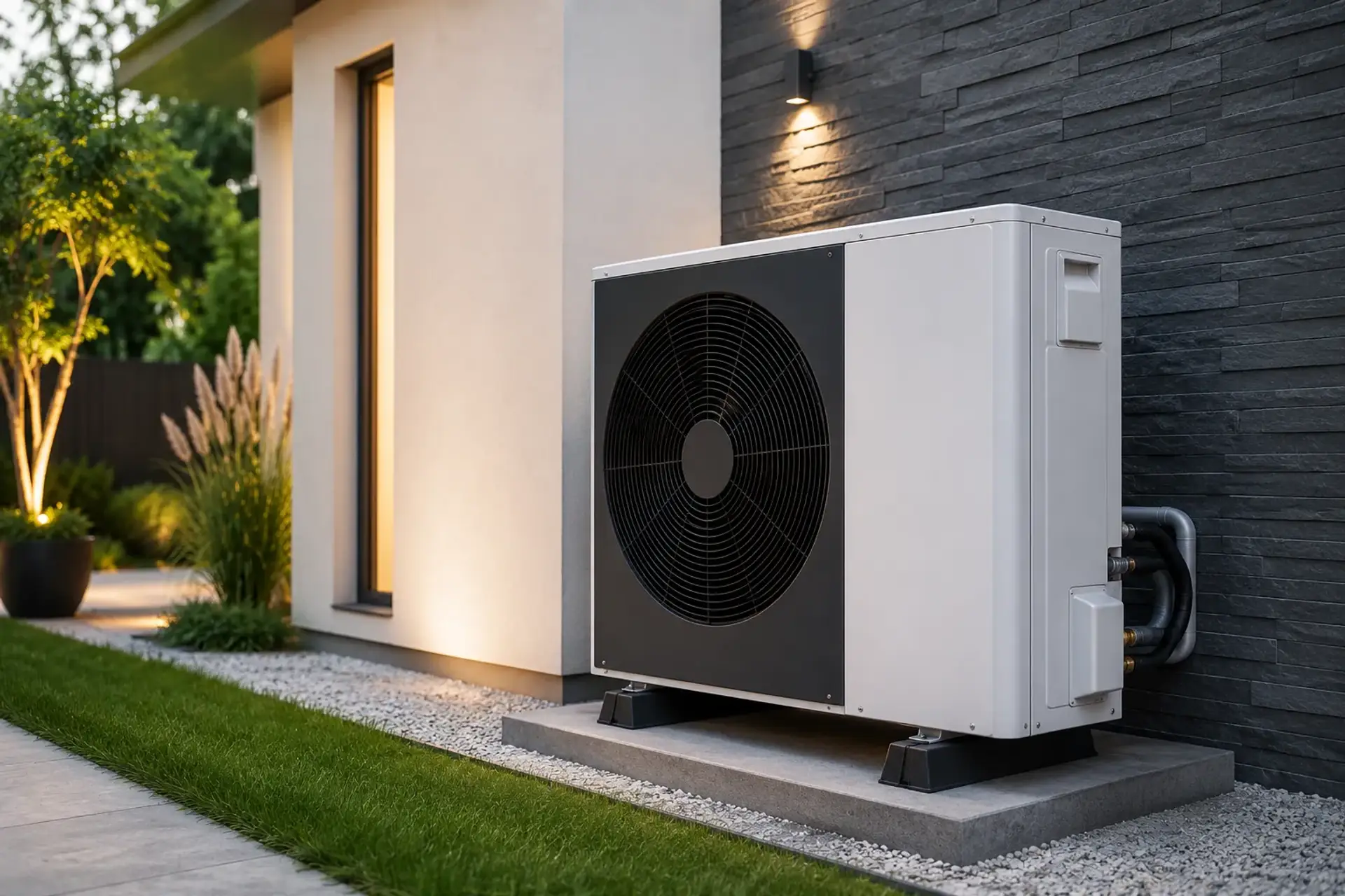 Pompe à chaleur air/eau moderne installée devant une maison